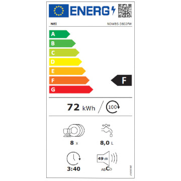 NEI NDW8S-3802FW Kompakt mosogatógép, 8 terítékes, 7 program, 55 cm, F energiahatékonyság, Fehér